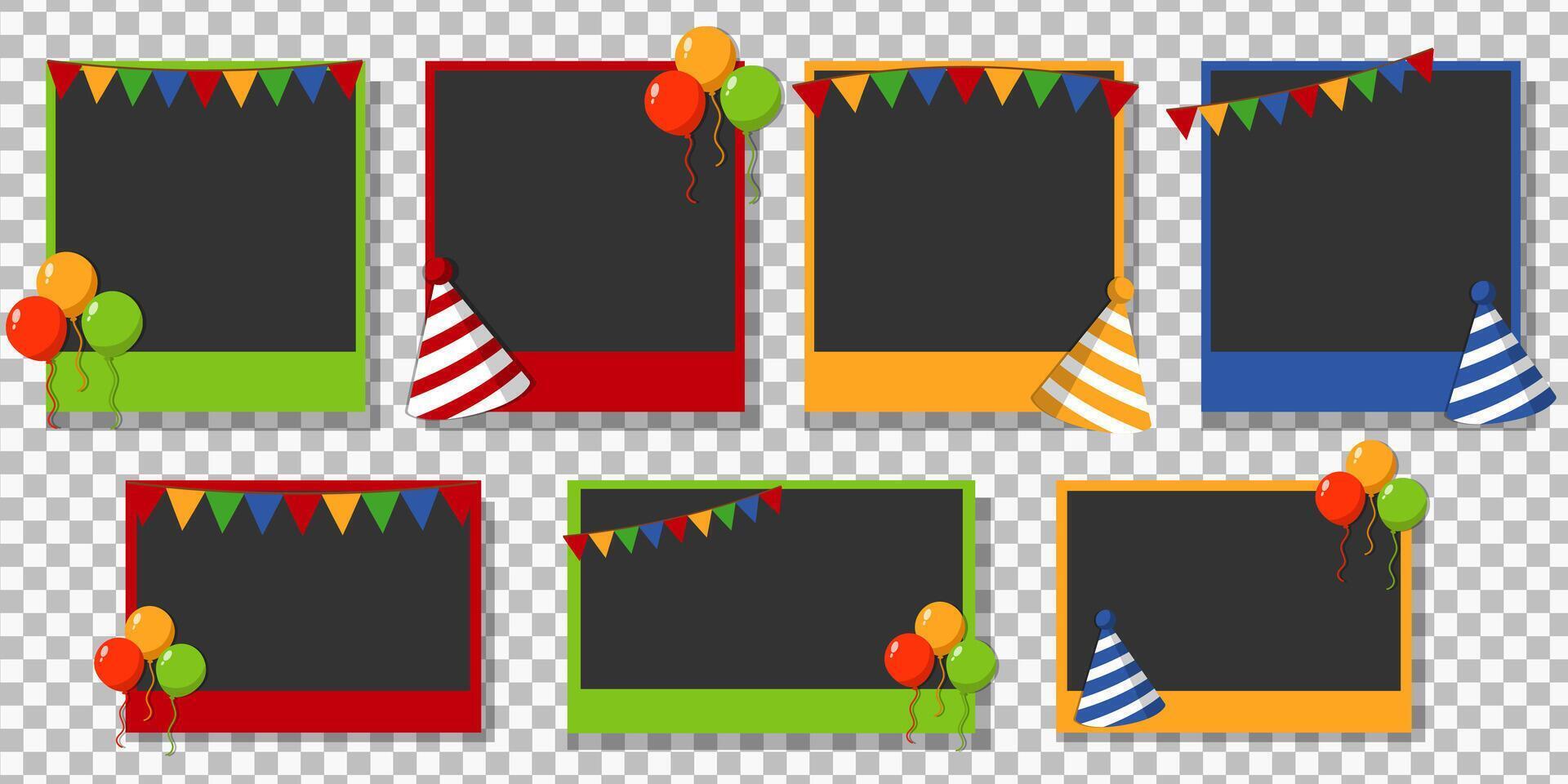 set birthday party photo frames set with balloons, hats and other decorations vector