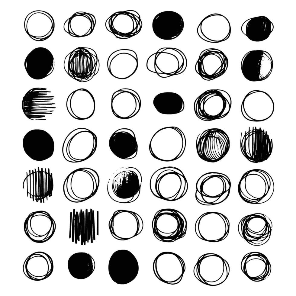 A set of black and white circles drawn by hand vector