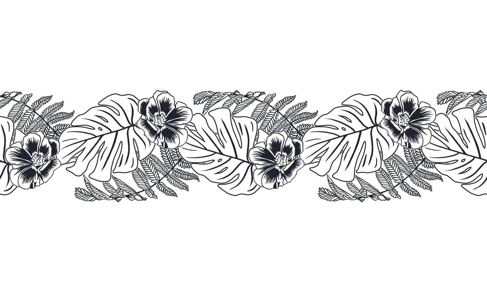 Tropical seamless border. Monstera palm leaves, fern, flowers. Hand drawn illustration in graphic style. Cards, labels, invitations, fabric, covers, banners, cosmetic product packaging design. vector