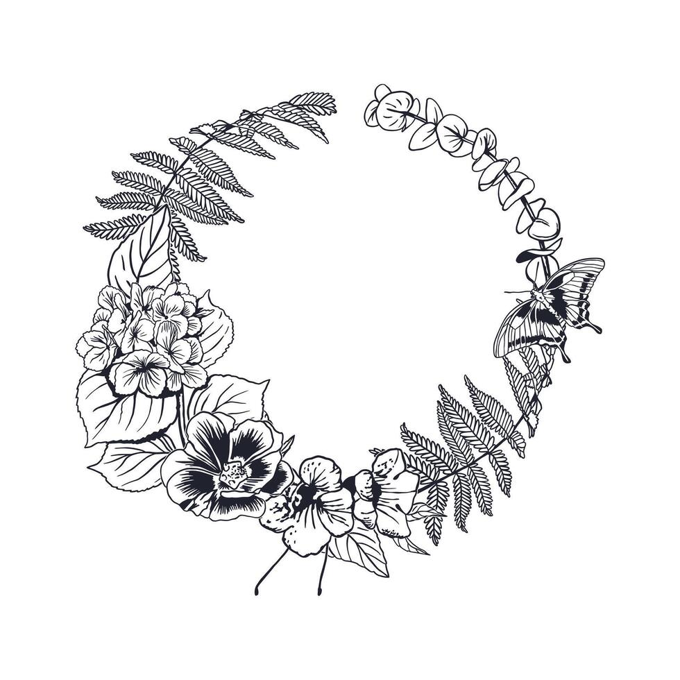 Flower wreath with hydrangea, fern, butterfly in ink. Hand drawn illustration in graphic style. For birthday greeting cards, Valentines day, invitations, posters, banners, labels. vector