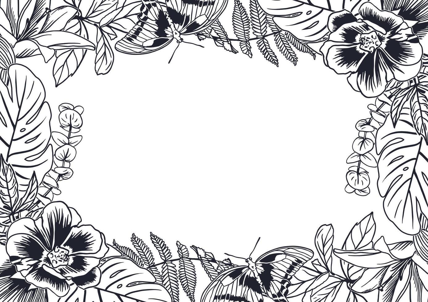 Floral frame, ink. Tropical leaves of monstera palm, fern, anemones, butterflies. Hand drawn illustration in graphic style. For greeting cards, invitations, labels, banners. vector