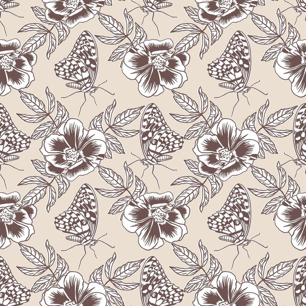 Floral seamless pattern with butterflies in ink. Hand drawn illustration in graphic style. For textile, fabric, covers, packaging, wallpaper. vector