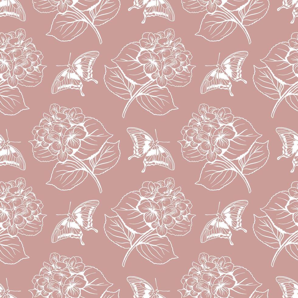 Hydrangea and butterflies delicate seamless pattern. Hand drawn illustration in graphic style. For greeting cards, invitations, packaging, textile, fabric, covers. vector