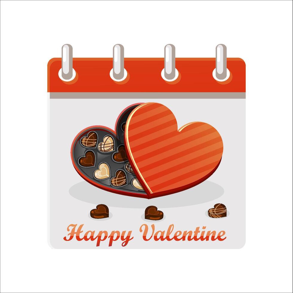 Calendar for Happy Valentine Day with illustration of chocolates in heart shape box. Chocolates box vector