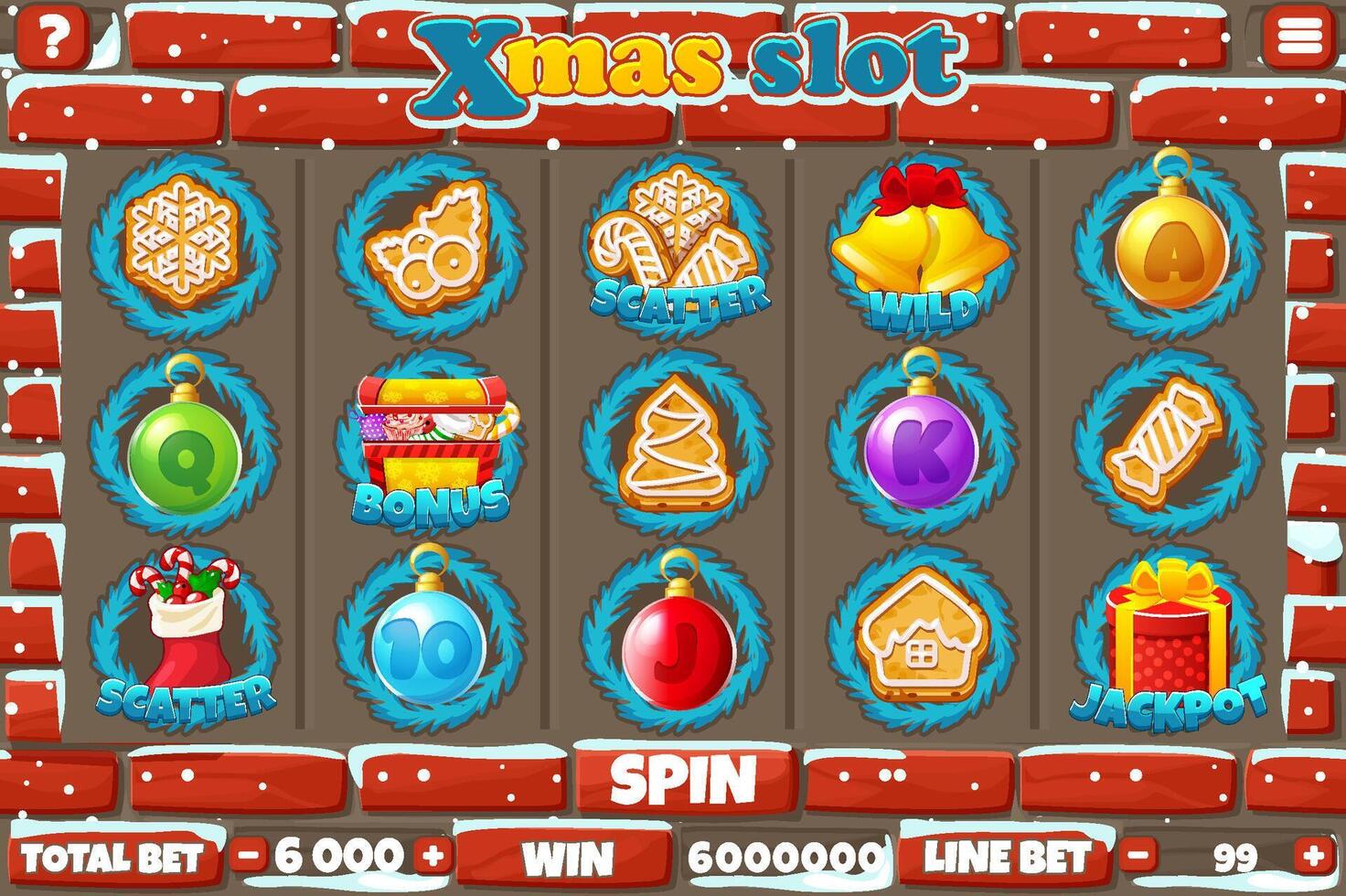 Christmas fortune slot UI, buttons and set of 12 symbols. Stone wall background. game control panel or slot menu vector