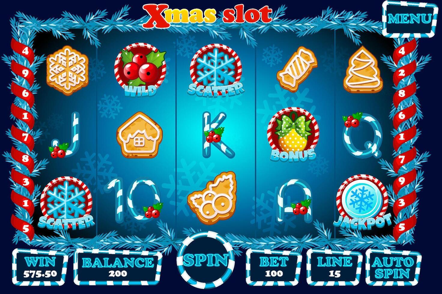 Xmas slot machine, buttons and set of slot symbols. Complete menu for casino game -blue. 12 slot Icons and buttons on a separate layer. vector