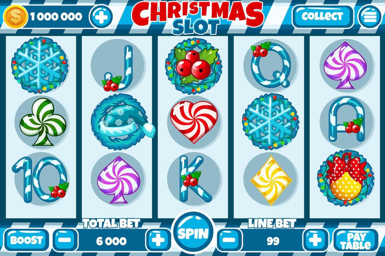 Casino slot machine, game UI design, gambling mobile app concept for the Christmas or candy themed Casino Game. The slot game user interface with basic buttons and set of 12 slot symbols vector