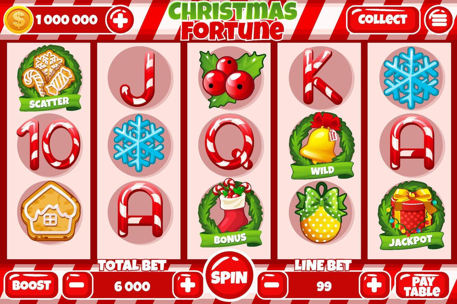 Casino slot machine, game UI design, gambling mobile app concept for the Christmas or candy themed Casino Game. The slot game user interface with basic buttons and set of 12 slot symbols. vector