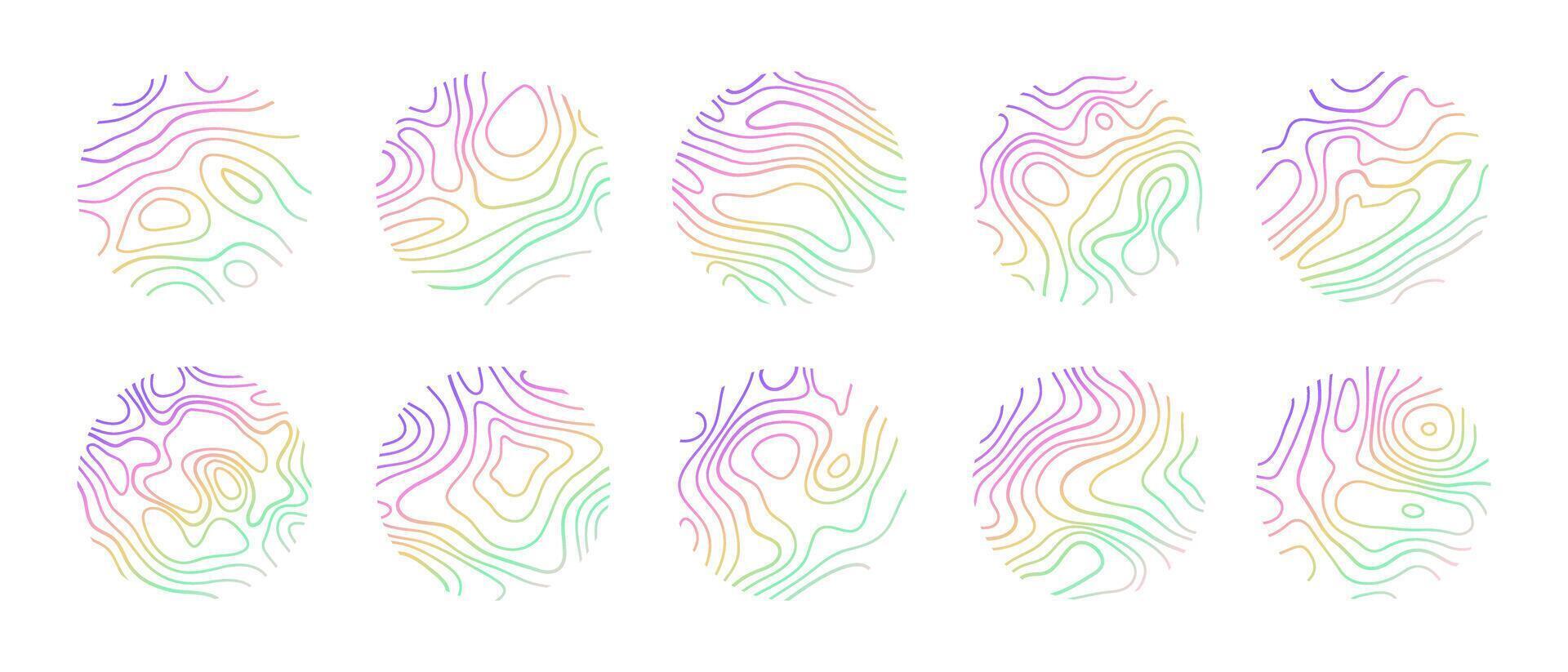 Circular wood rings or topographic map lines texture set. Wood tree topographic abstract lines circles collection vector