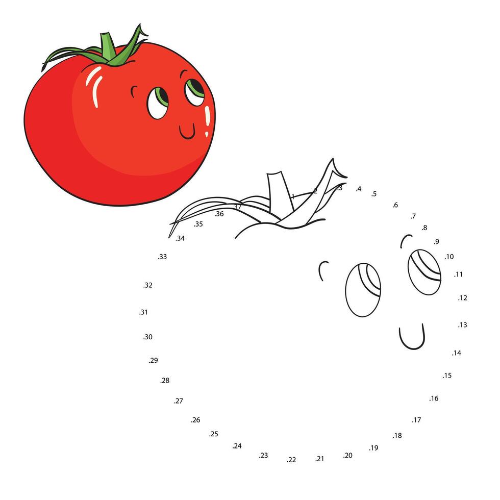 Educational game connect the dots to draw tomato cartoon doodle hand drawn illustration vector