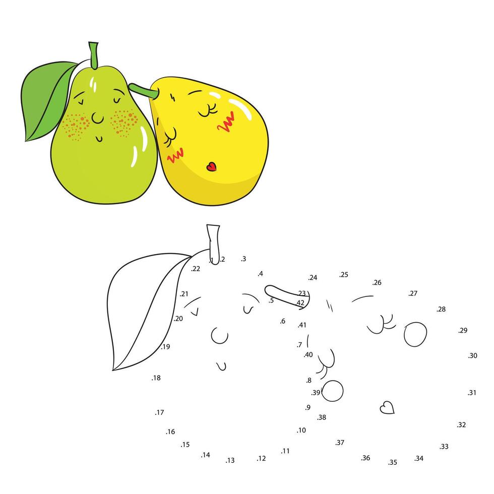 Educational game connect the dots to draw pear cartoon doodle hand drawn illustration vector