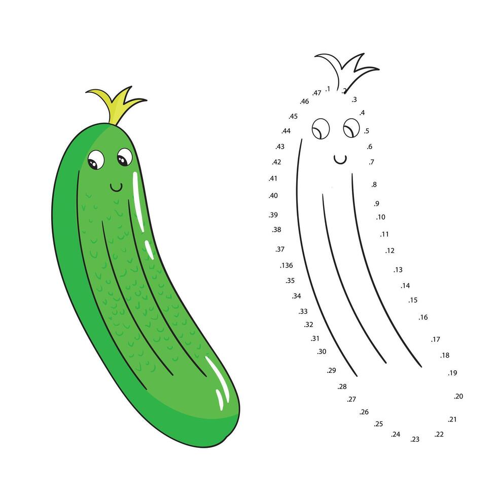Educational game connect the dots to draw cucumber cartoon doodle hand drawn illustration vector