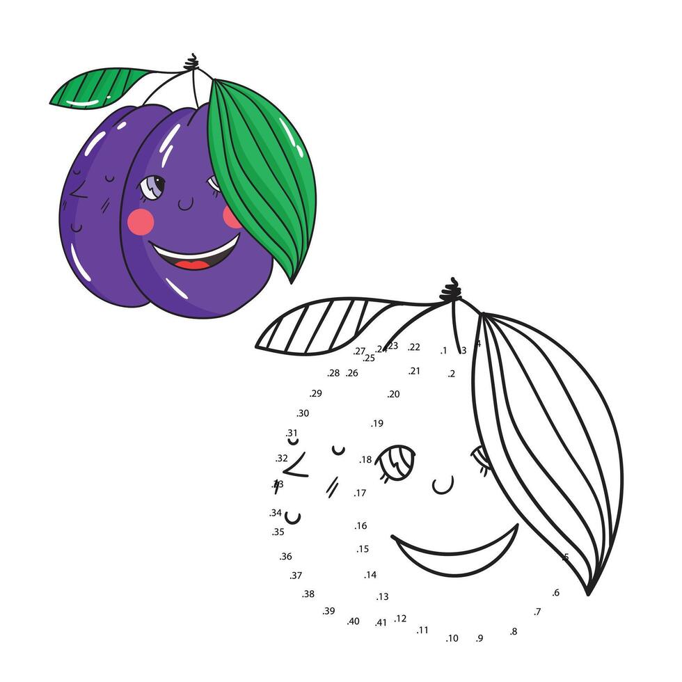 Educational game connect the dots to draw plum cartoon doodle hand drawn illustration vector
