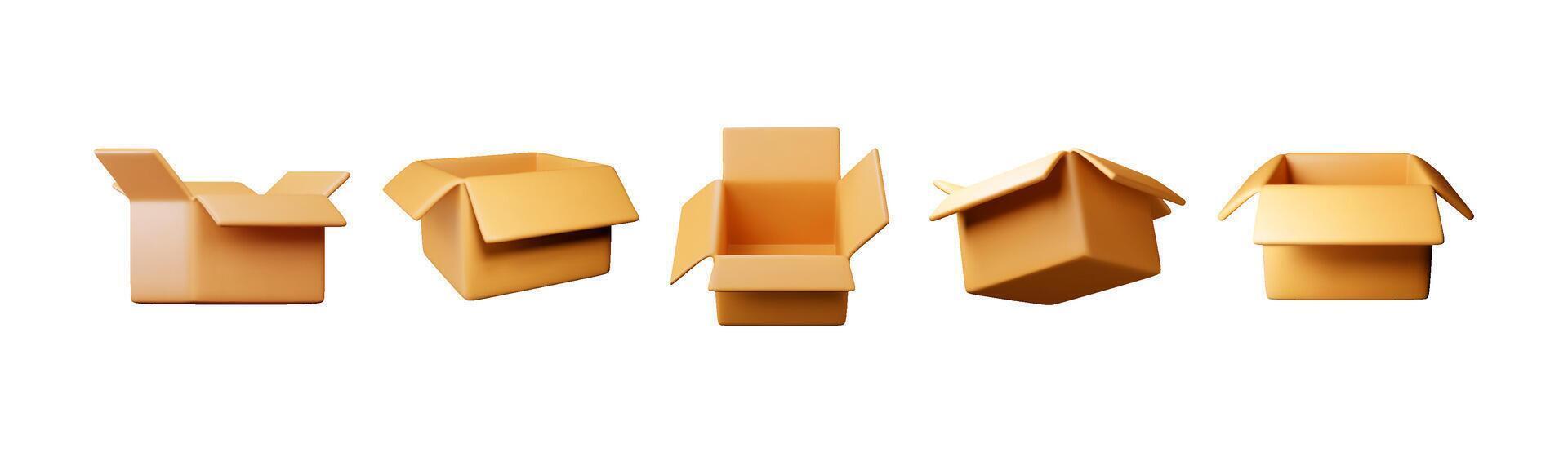 3D open carton packaging box set isolated on white. Render collection of cardboard package with cover. Postal containers. vector