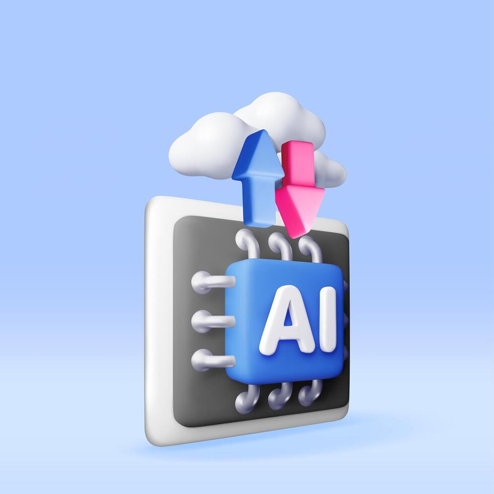 3d AI Chip with arrows in clouds. Render artificial intelligence chipset icon. AI processor in business, science and work. Computer semiconductor part. vector