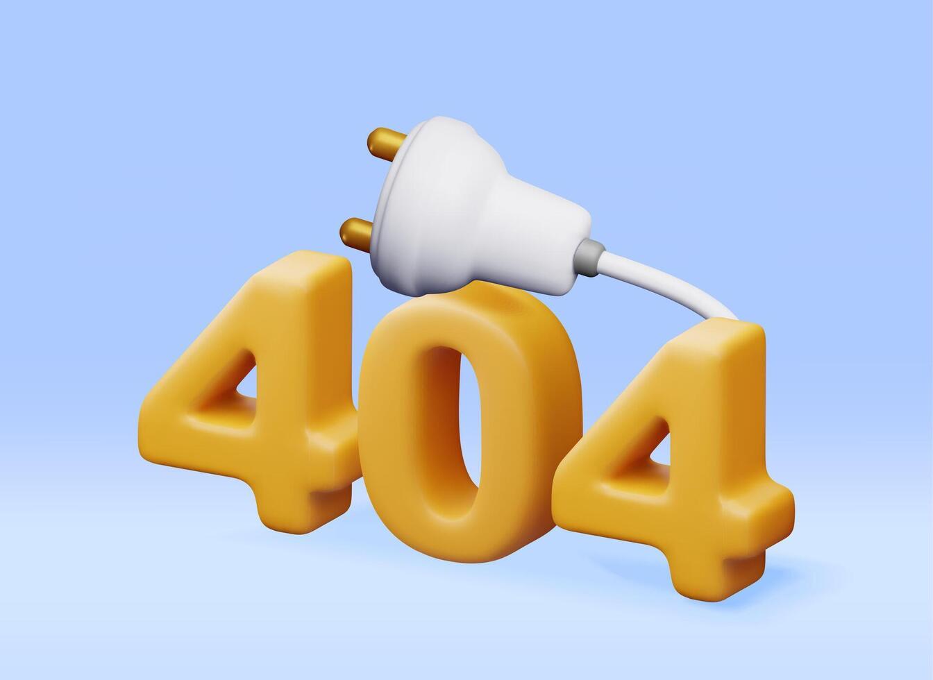 3D electric plug with 404 digits isolated. Render electrical outlet plug unplugged symbol. 404 error concept. vector