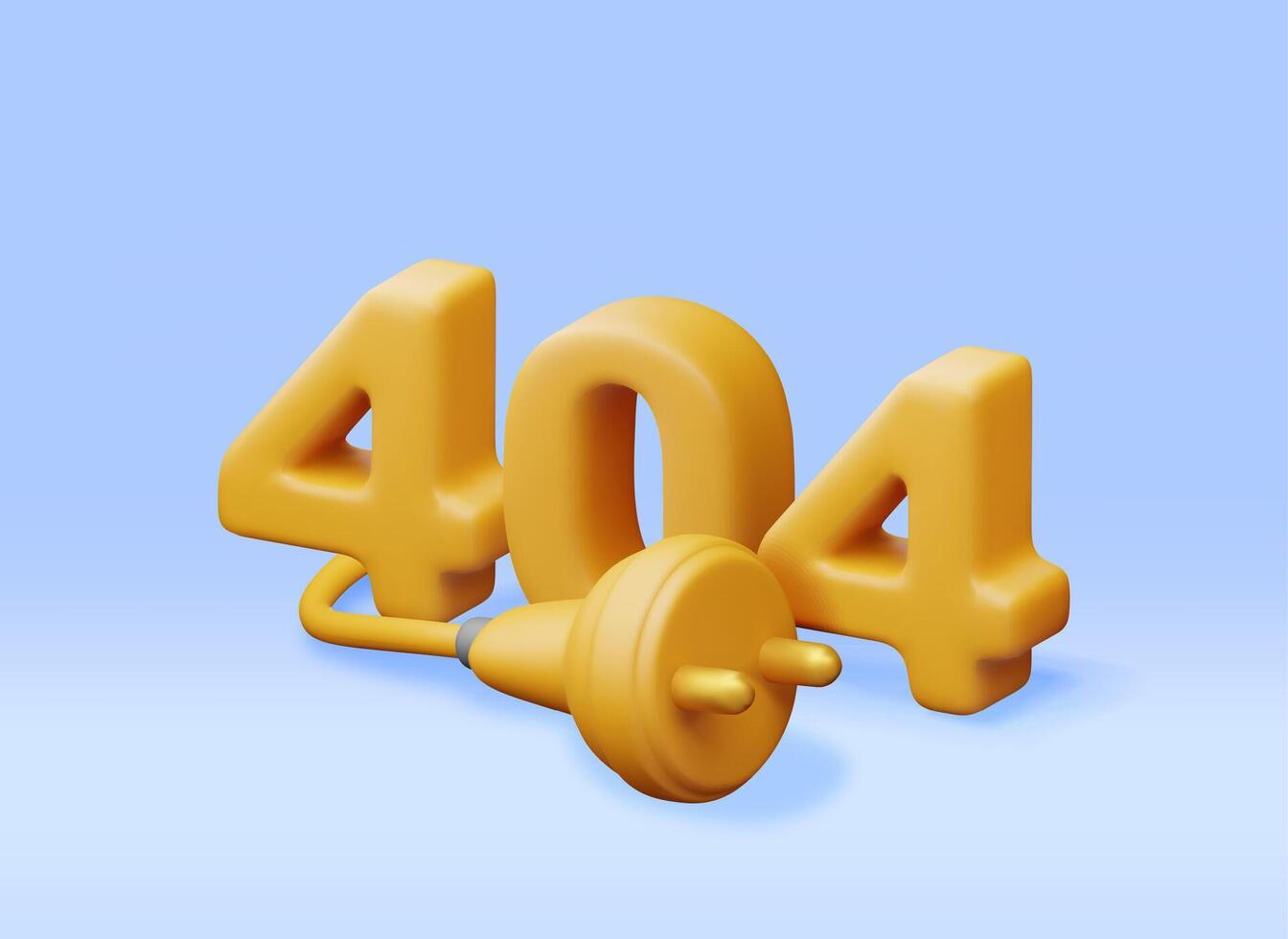 3D electric plug with 404 digits isolated. Render electrical outlet plug unplugged symbol. 404 error concept. Disconnection or connect loss, page not found, under construction vector