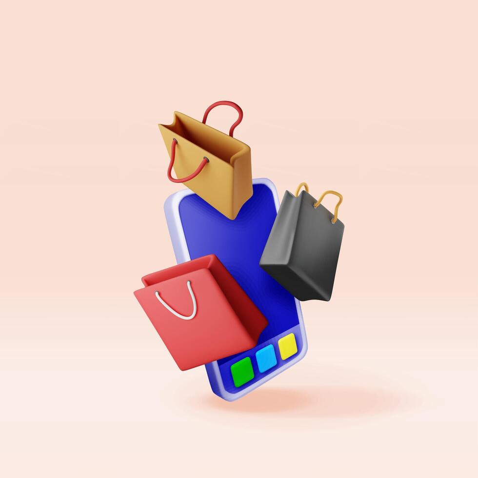 3D smartphone with shopping bag isolated. Render realistic gift bag and phone. Sale, discount or clearance concept vector
