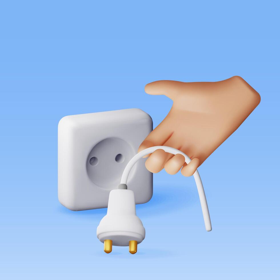 3D electric plug in hand and socket isolated. Render electrical outlet plug unplugged symbol. 404 error concept. . Disconnection or connect loss page not found sign, under construction. vector