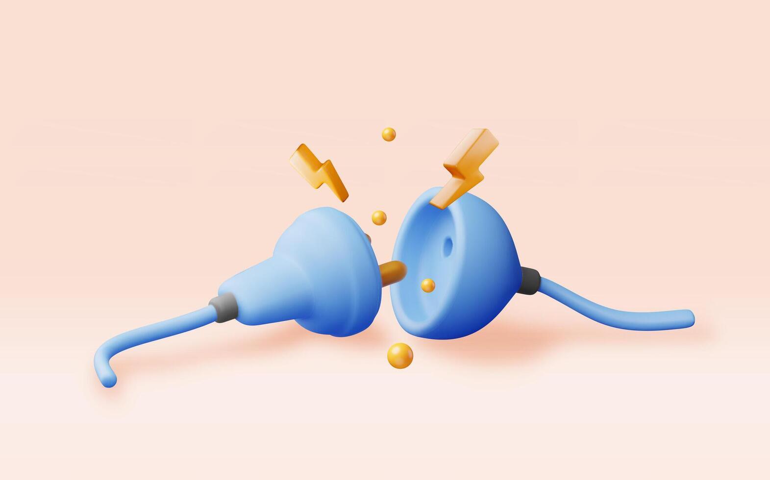 3D electric plug and socket isolated. Render electrical outlet plug unplugged symbol. 404 error concept. Disconnection or connect loss, page not found, under construction. vector