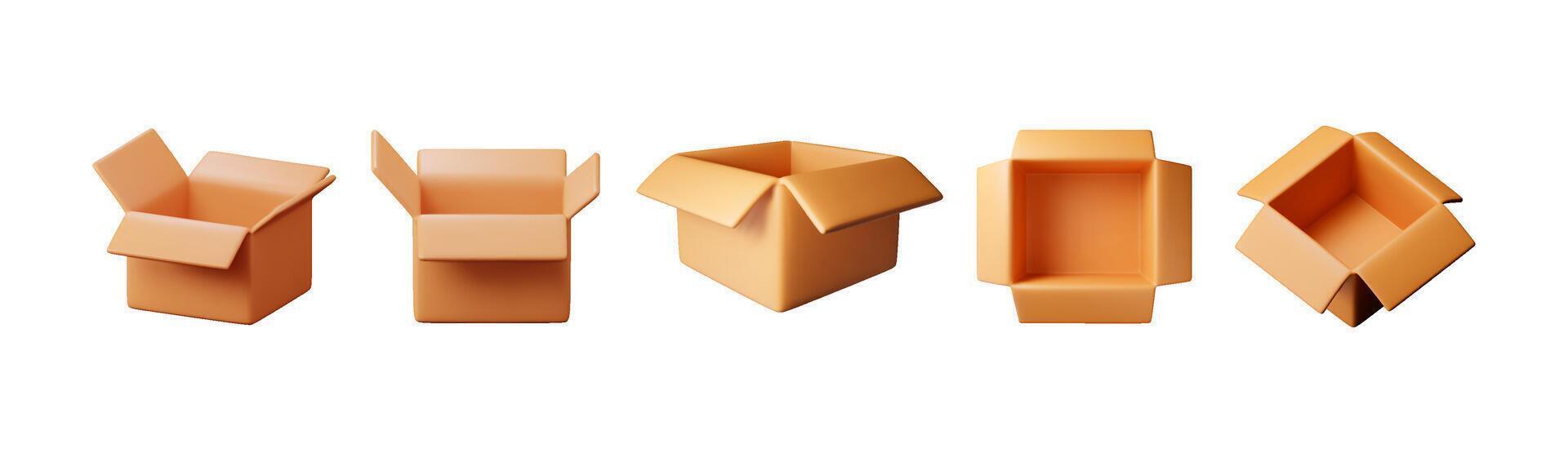 3D open carton packaging box set isolated on white. Render collection of cardboard package with cover. Postal containers. Carton delivery packaging vector