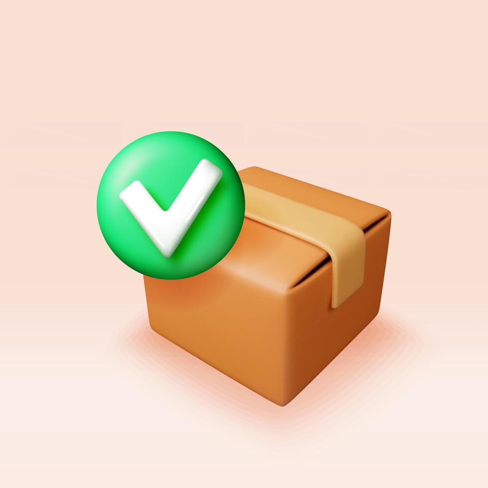 3d closed delivery box with checkmark. Render yes icon in open cardboard box. Approved or accepted delivery package, successful order received vector