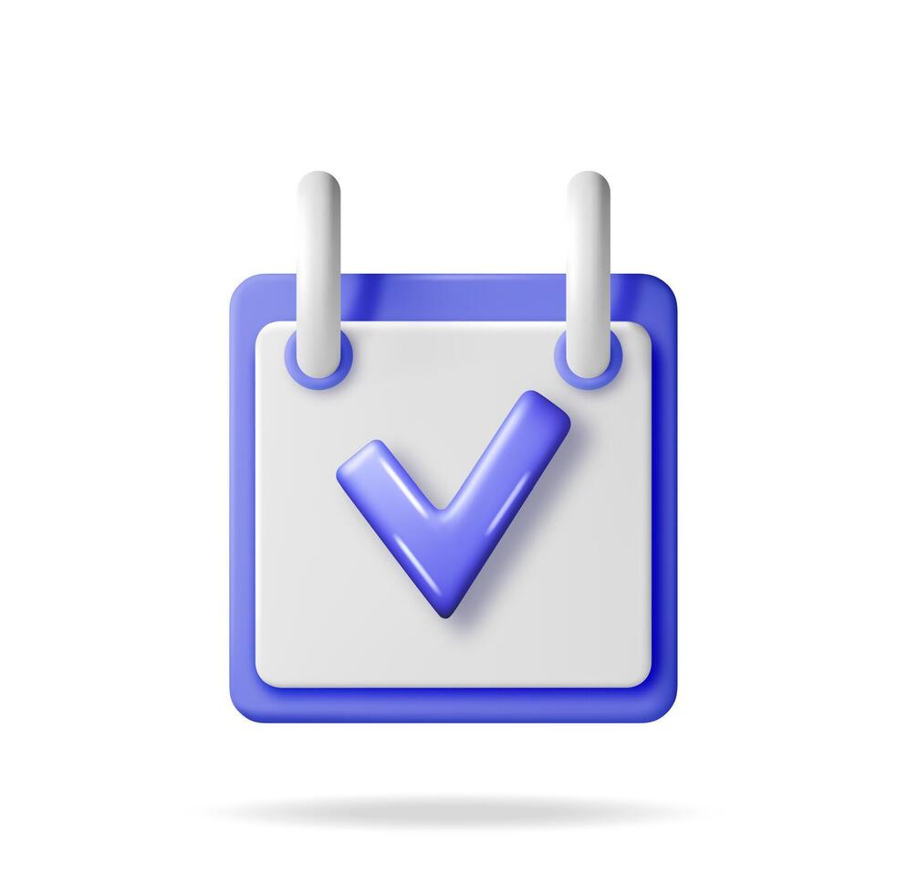 3D paper spiral wall calendar and check mark. Render calendar icon with check box. Schedule, appointment, organizer, timesheet, important date. vector