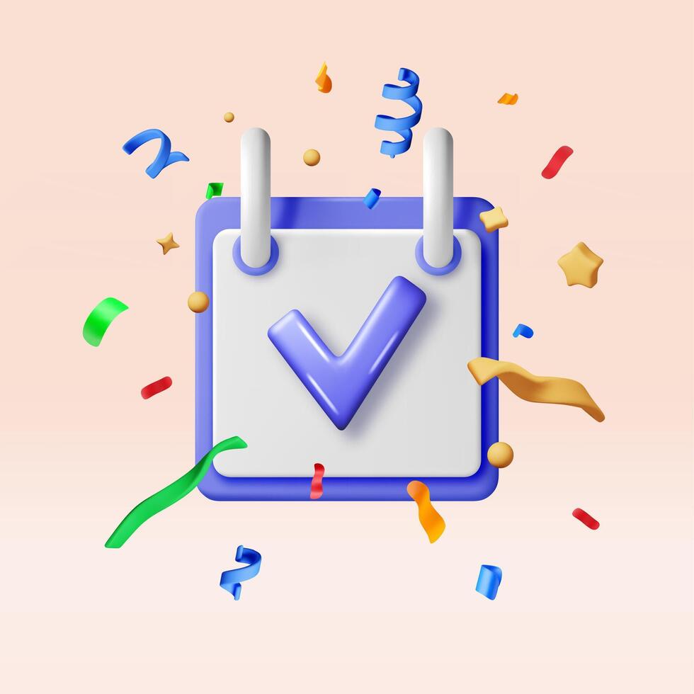 3D spiral wall calendar and check mark in confetti. Render calendar with check box. Schedule, appointment, organizer, timesheet, important date vector