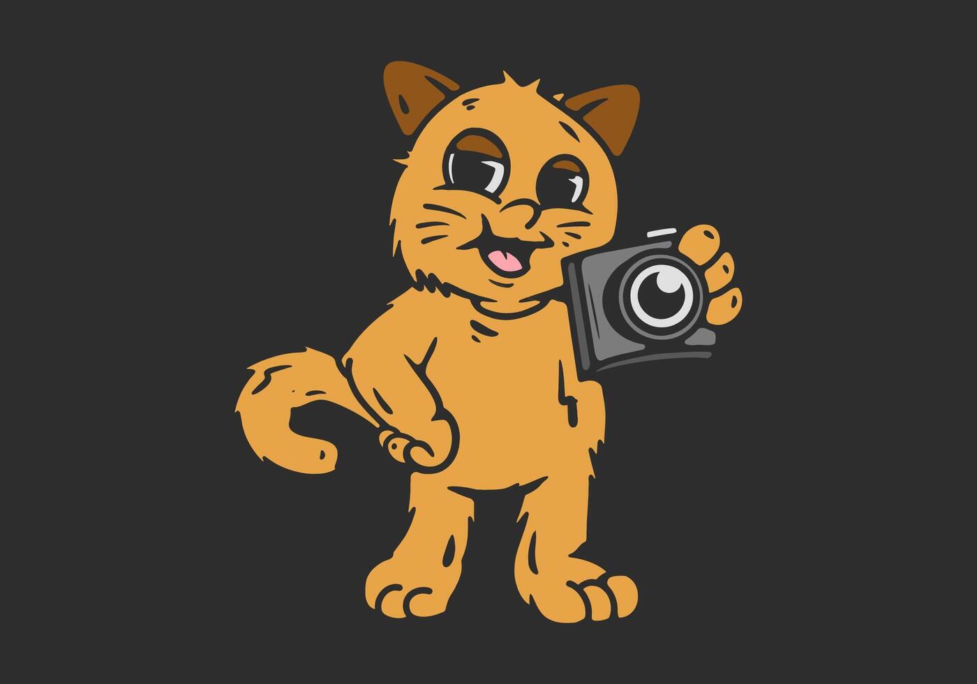 Take a picture. Standing orange cat character holding a camera illustration vector
