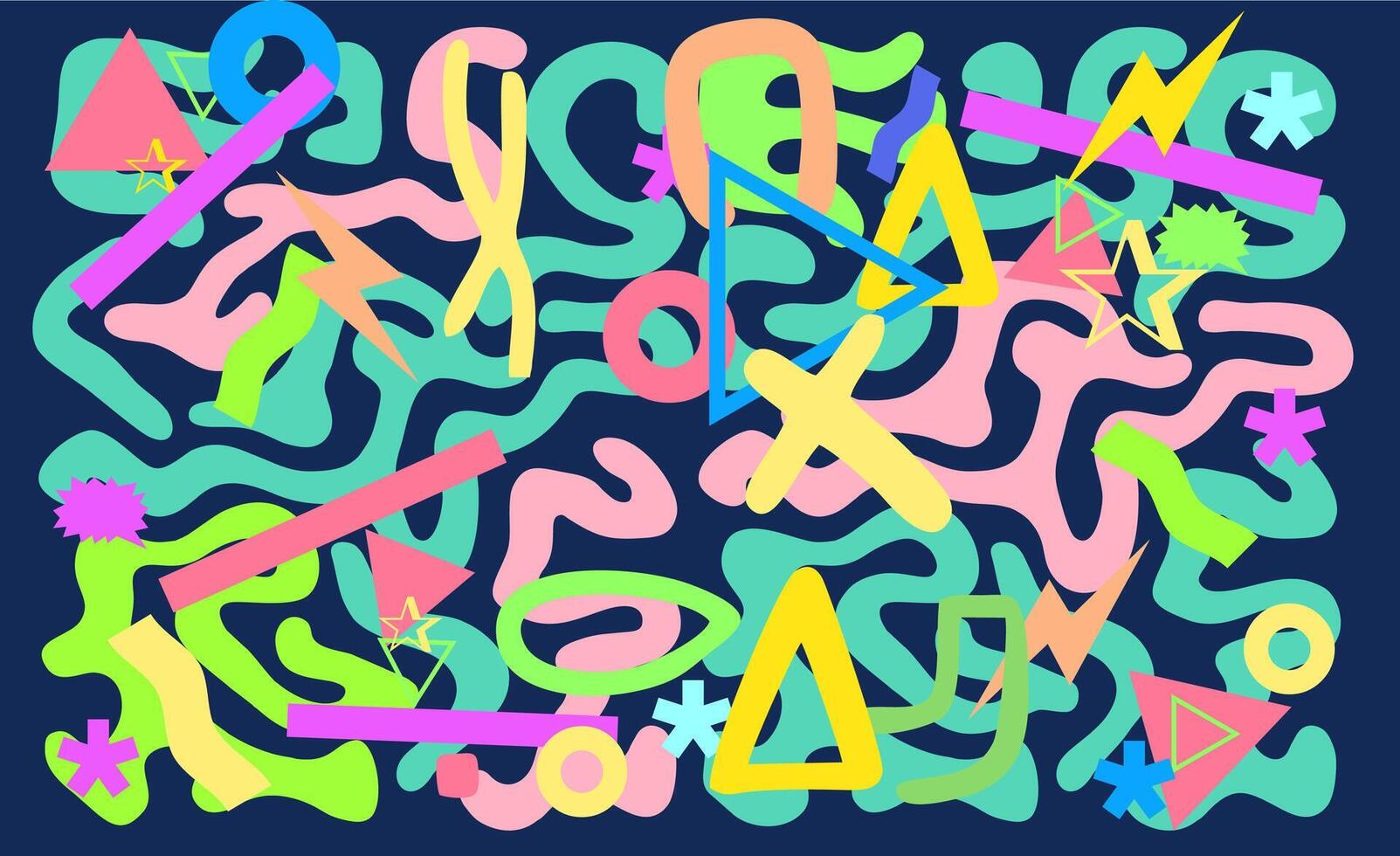 Retro, maximalist, cluttercore drawing made of various geometric and organic neon colored shapes vector