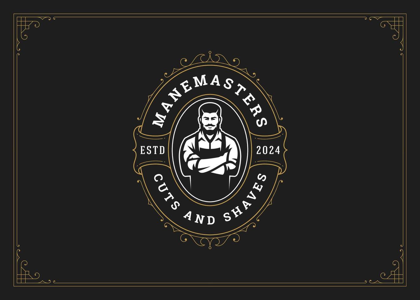 Antique luxury flourishes golden logo barbershop with man barber design template vector