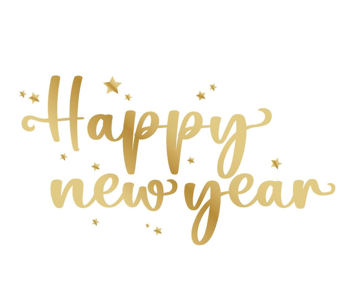 Happy New Year brush lettering gold text with stars on white background vector