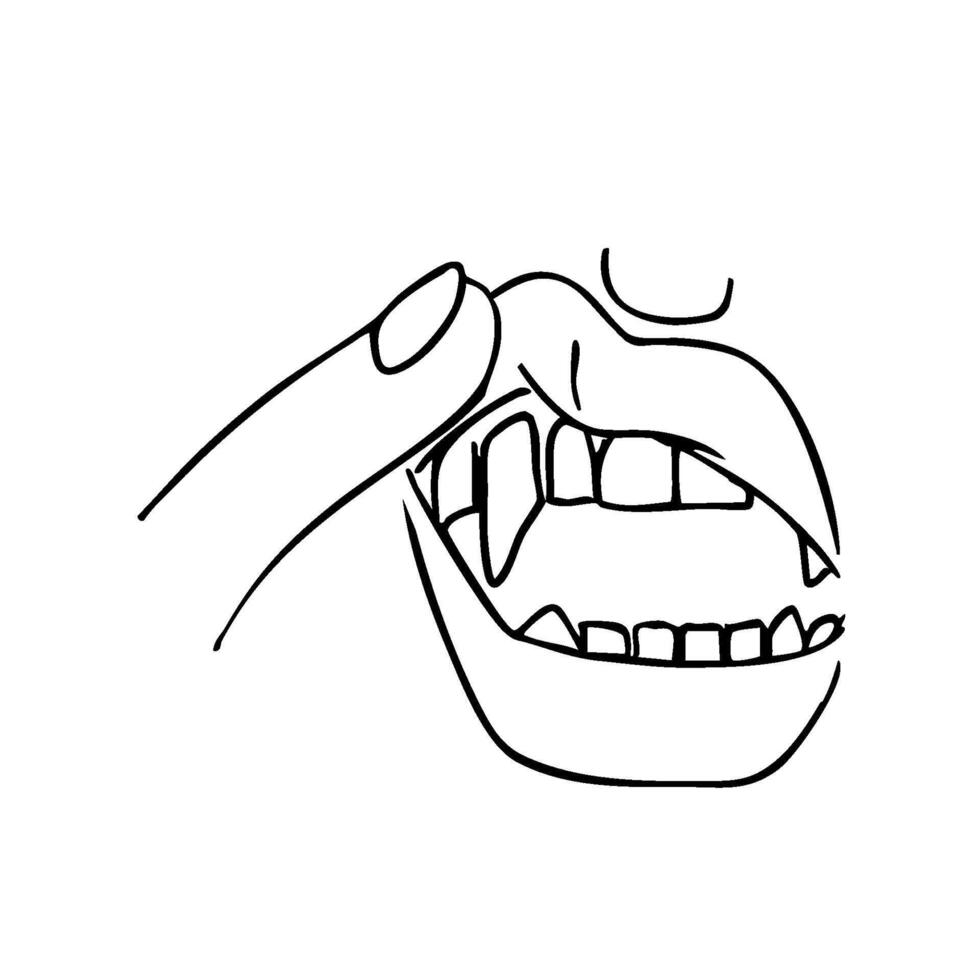 vampire mouth with upper lip raised by finger showing fang on incisor place - hand drawn doodle sketch vector