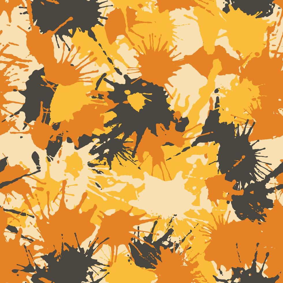Hand drawn camouflage texture. Blots yellow camo seamless pattern of paint splashes spots. Creative design. Urban color ink grunge background. Template for printing on fabric, wallpaper vector