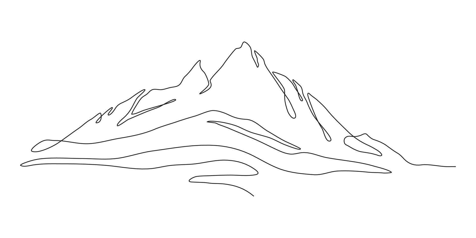 One Continuous Art Line of a Mountain Outline Silhouette. Trendy scenic mounts, wall art background. Black and white landscape design for fabric, prints, and wall art. Simple line drawing of one line vector