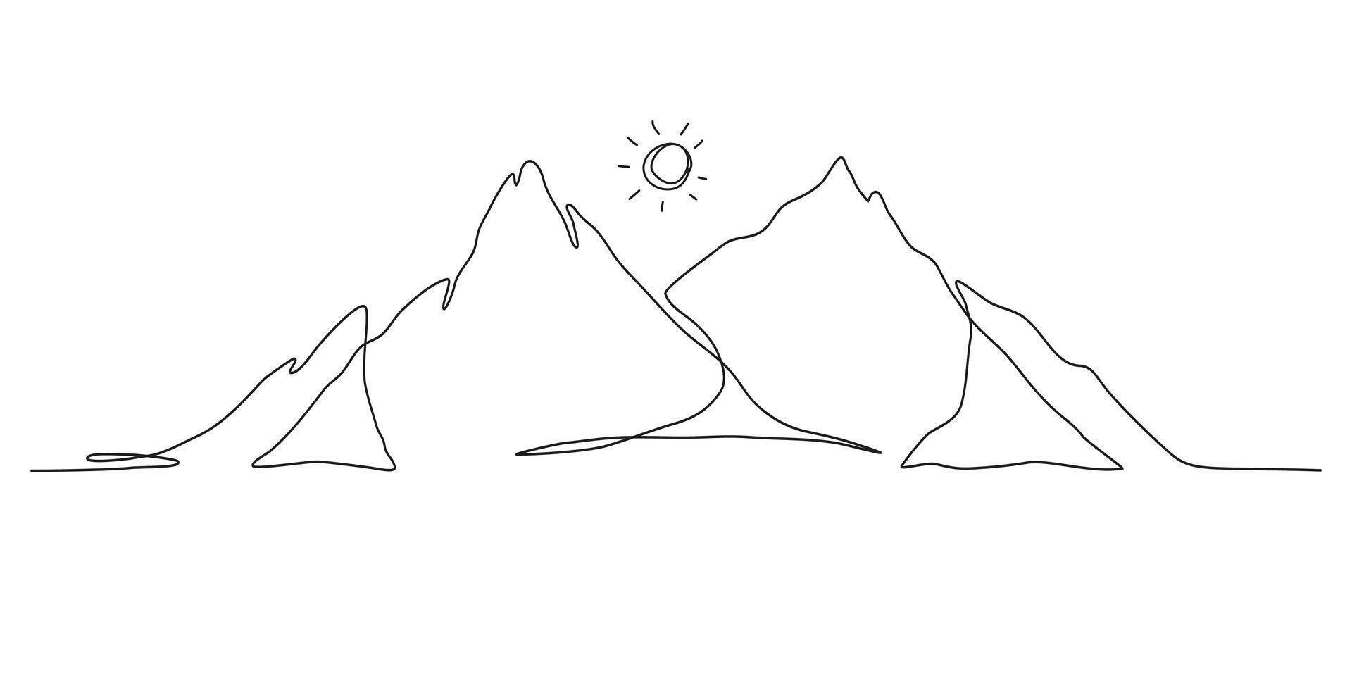 Simple Mountain in One Continuous Art Line. Trendy scenic mounts, wall art background. Black and white landscape design for fabric, prints, and wall art. Simple line drawing of one line mountain vector