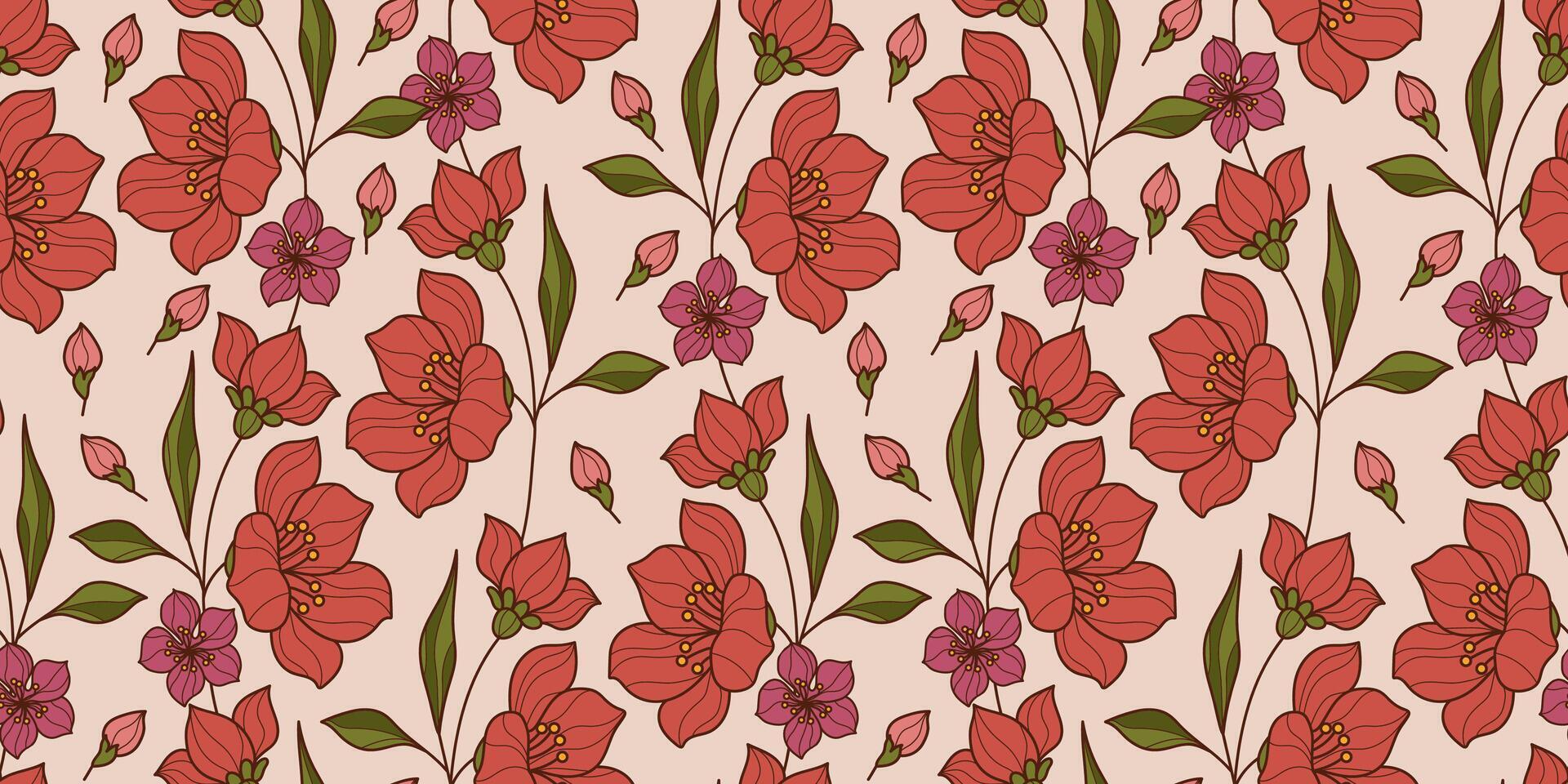 Vintage Flower Seamless Pattern with Beautiful Hand Drawn Botanicals. Elegant cute plants. Nature delicate floral elements. Repeatable feminine design perfect for print, textile, fashion, beauty vector