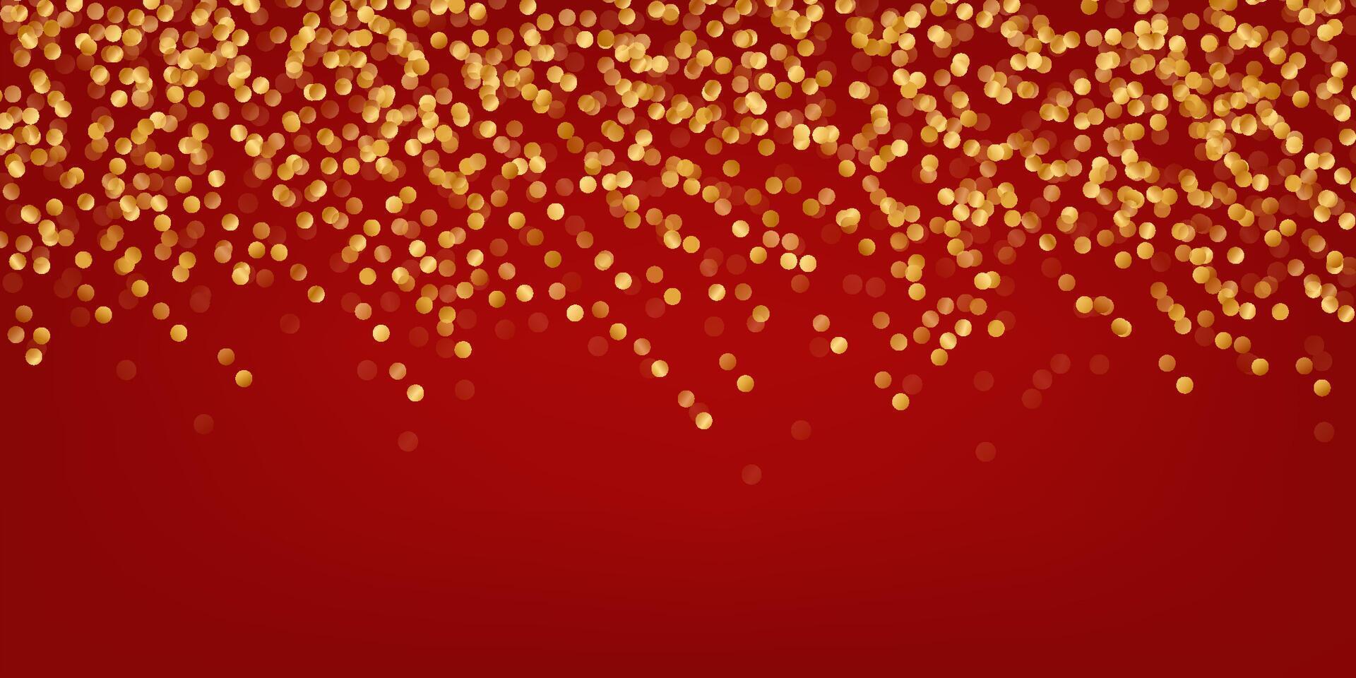 Gold Confetti isolated on Red Background in Cartoon Style Perfect for Celebrations and Holidays. Party confetti decorations falls from sky. Anniversary frame isolated on dark background vector