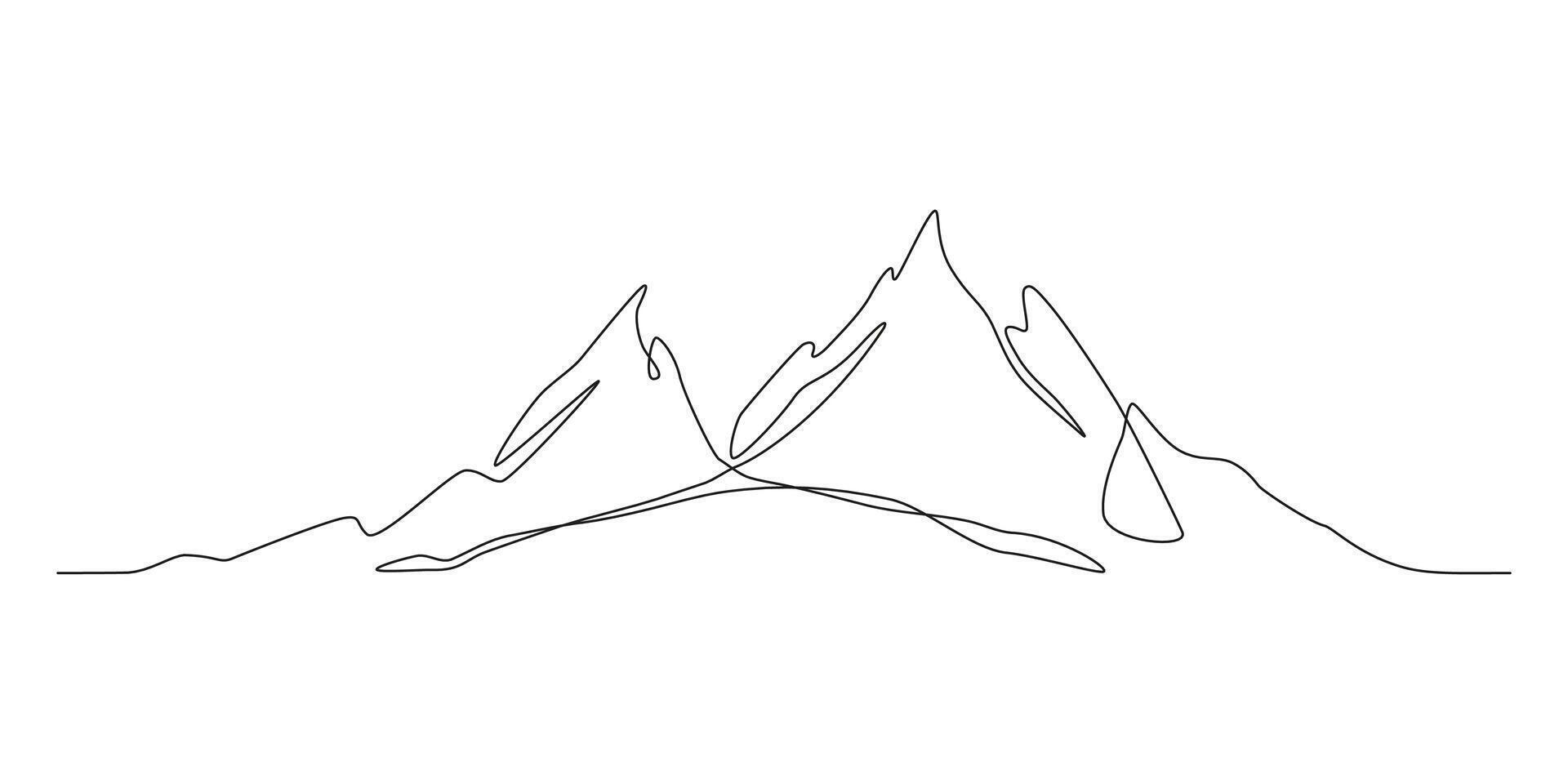 One Continuous Art Line of a Minimal Mountain. Trendy scenic mounts, wall art background. Black and white landscape design for fabric, prints, and wall art. Simple line drawing of one line mountain vector