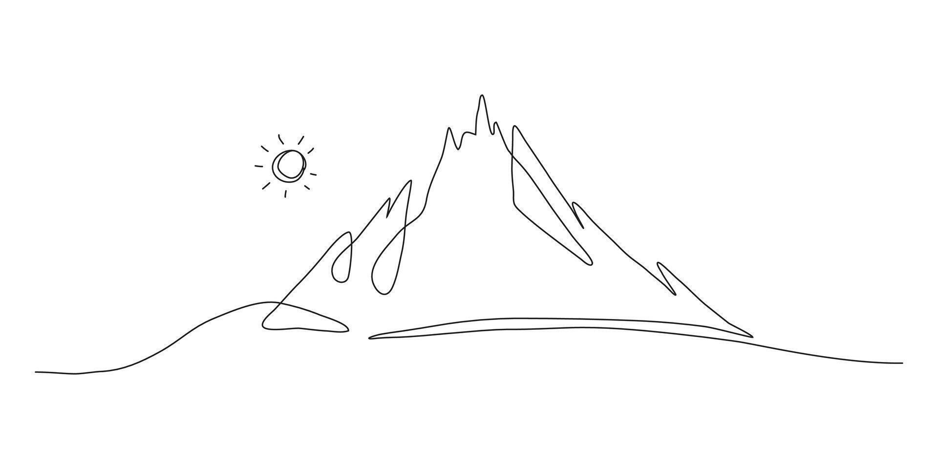 Minimal Mountain in One Continuous Art Line. Scenic mounts, wall art background. Black and white landscape design for fabric, prints, and wall art. Simple line drawing of one line mountain vector