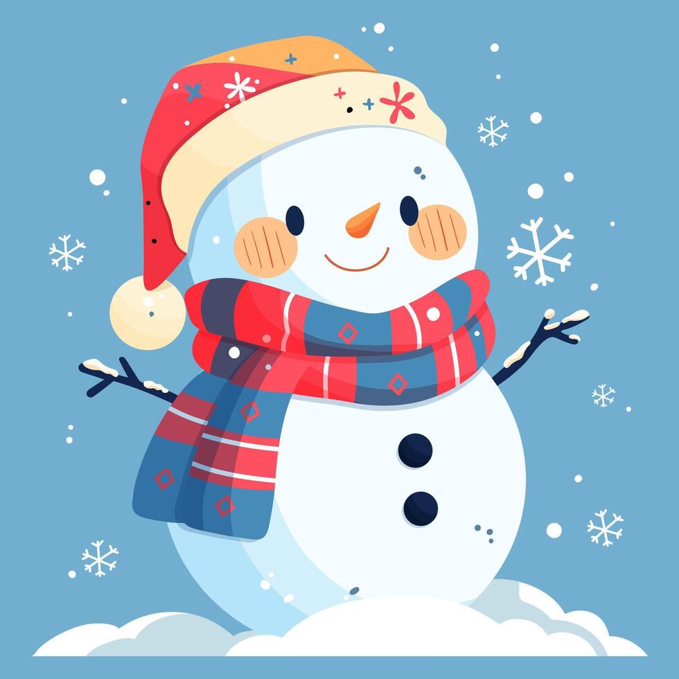 New Year card. A snowman in a red hat and a blue scarf decorated with snowflakes on a blue background vector