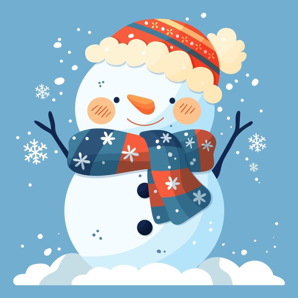 New Year card. A snowman in an orange hat and a blue scarf decorated with snowflakes on a blue background vector