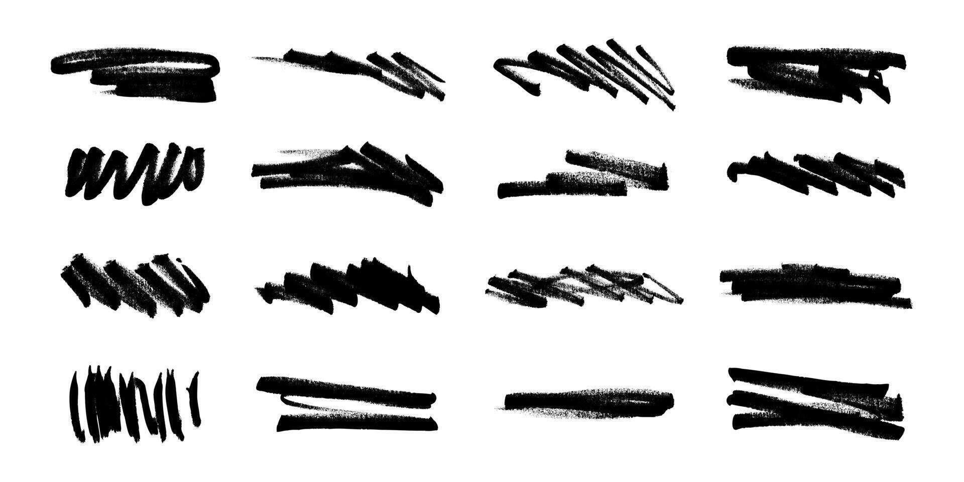 Black Hand Drawn Permanent Crayon and Marker Brush Stroke Lines. Grunge stroke collection perfect for underlining and highlight documents vector