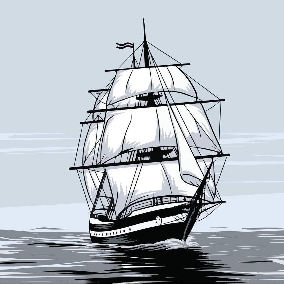 A black and white line drawing of a sailing ship on the ocean vector
