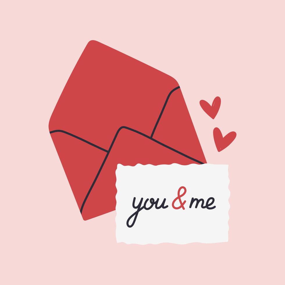 Simple Valentines Day card with envelope. Flat hearts hand drawn doodle. Simple, minimalistic, holiday card. vector