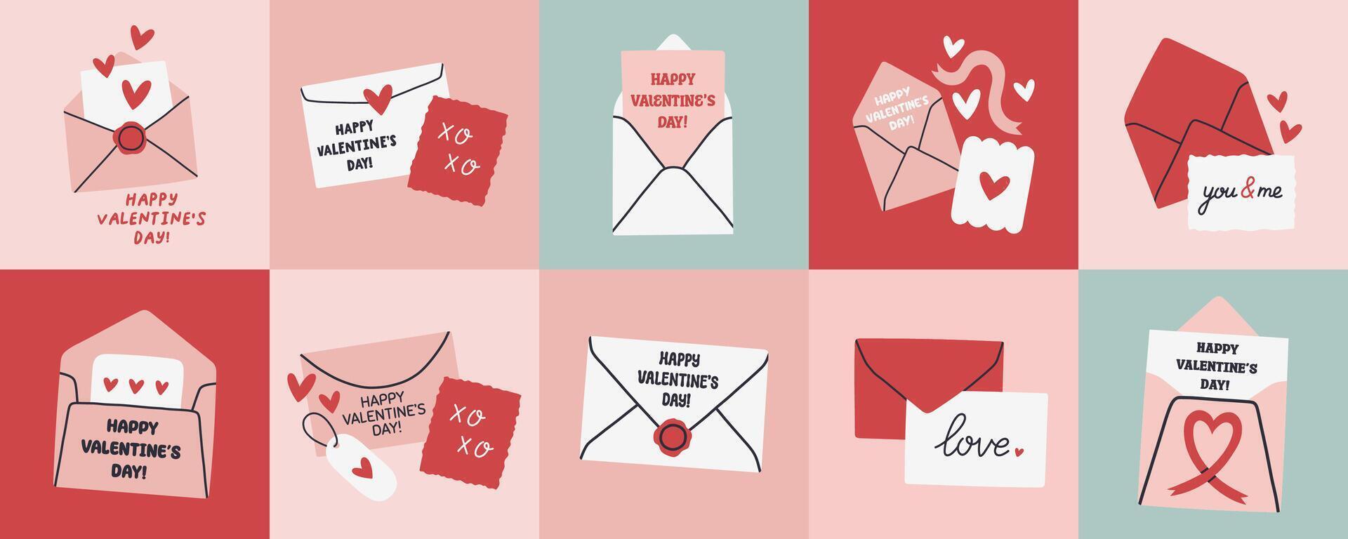 Simple Valentines Day card set with envelope. Flat hearts hand drawn doodle. Simple, minimalistic, holiday card. vector