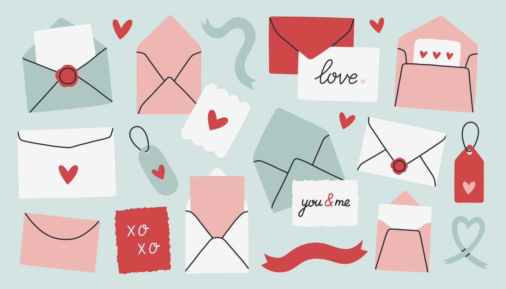 Valentines day envelope set. Romantic open and close envelopes with postcards, letters, hearts and text. flat illustration vector