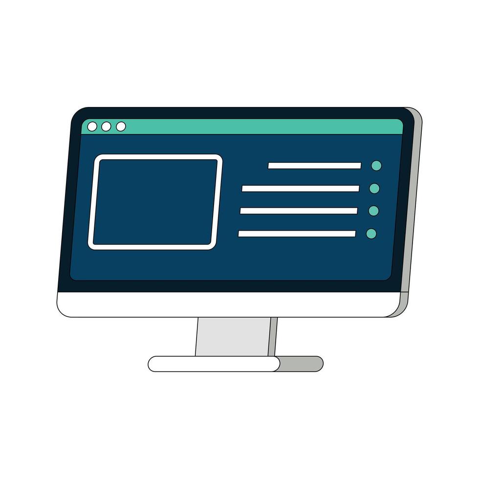 Sleek computer monitor displaying a user interface with image and text placeholders, featuring circular icons. Perfect for web or software application design concepts vector