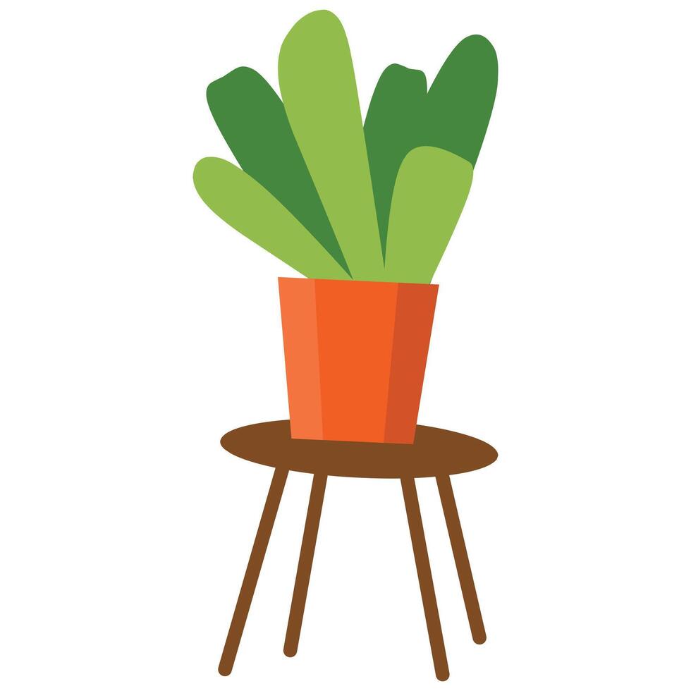 An artistic illustration of a potted plant with vibrant green leaves, set in an orange pot atop a wooden stool. The design is minimalist and elegant, ideal for nature, decor, and botanical themes vector