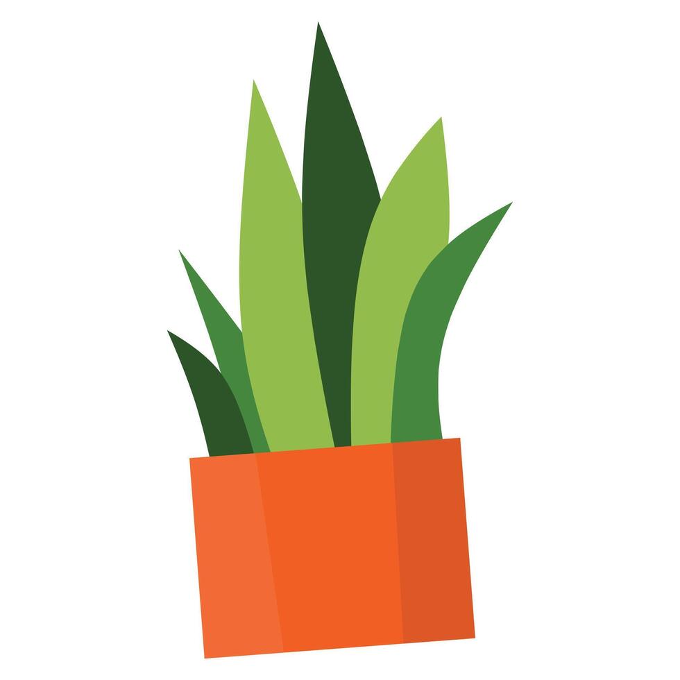 illustration of a green plant with multiple stems and oval-shaped leaves growing in an orange, decorative pot with the leaves arranged alternately along the stems. vector
